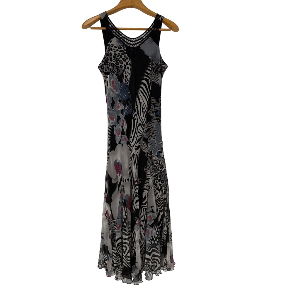Y2K‎ Midnight Velvet Mix Print Lattice Neck Midi Dress L Whimsigoth Lettuce Hem
